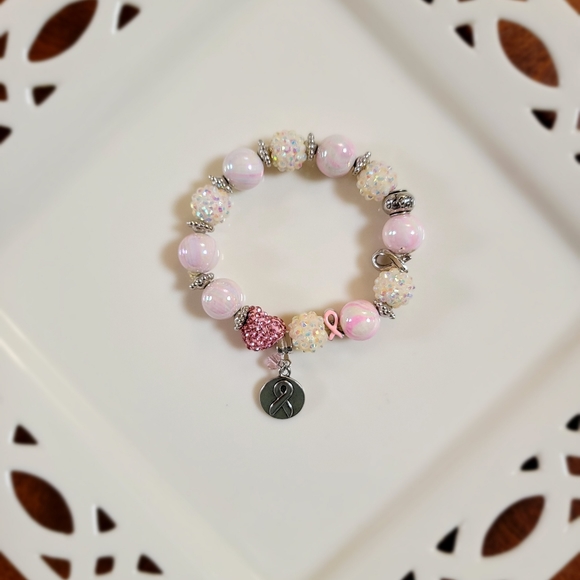 BREAST CANCER STRETCH BRACELET PINK & WHITE CRYSTAL BNIP - Picture 2 of 7